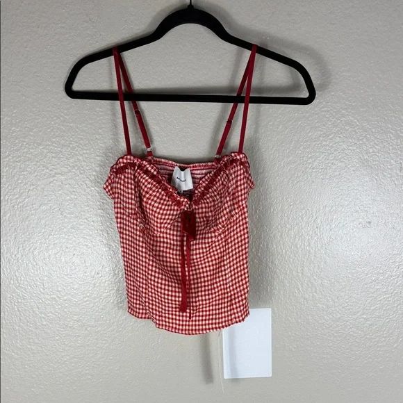 Reformation Andrea Top in Strawberry Check - Picture 3 of 9